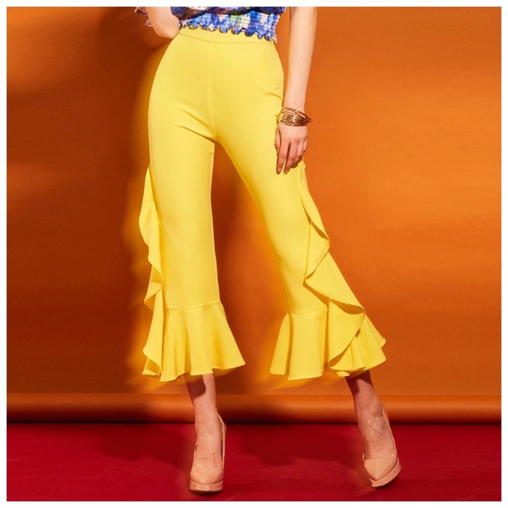 Bold Yellow Flared Ruffle Crop Stretch Pants - Picture 2 of 10